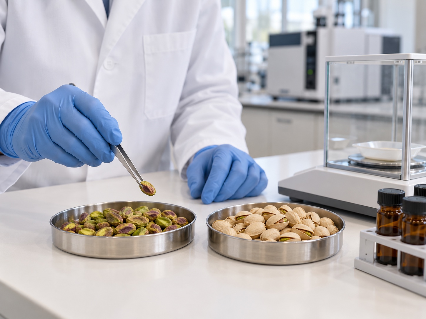 Gloved hands assessing a pistachio kernel beside sample trays, an analytical balance and capped sample vials