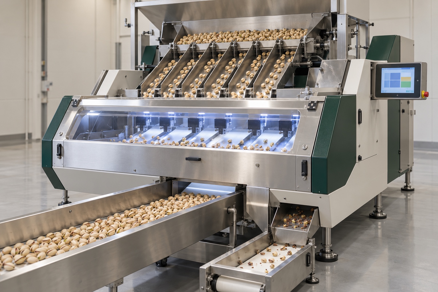Modern optical sorter with pistachios passing through feed chutes and an enclosed inspection zone