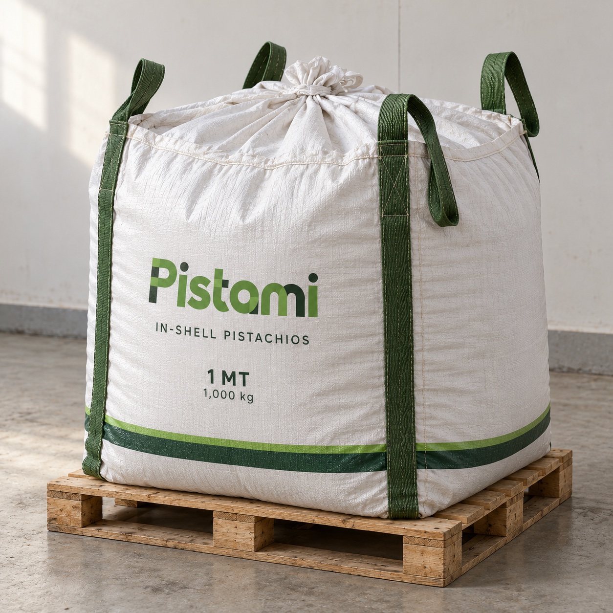 Pistami 1 MT woven bulk bag with lifting loops on a wooden pallet.