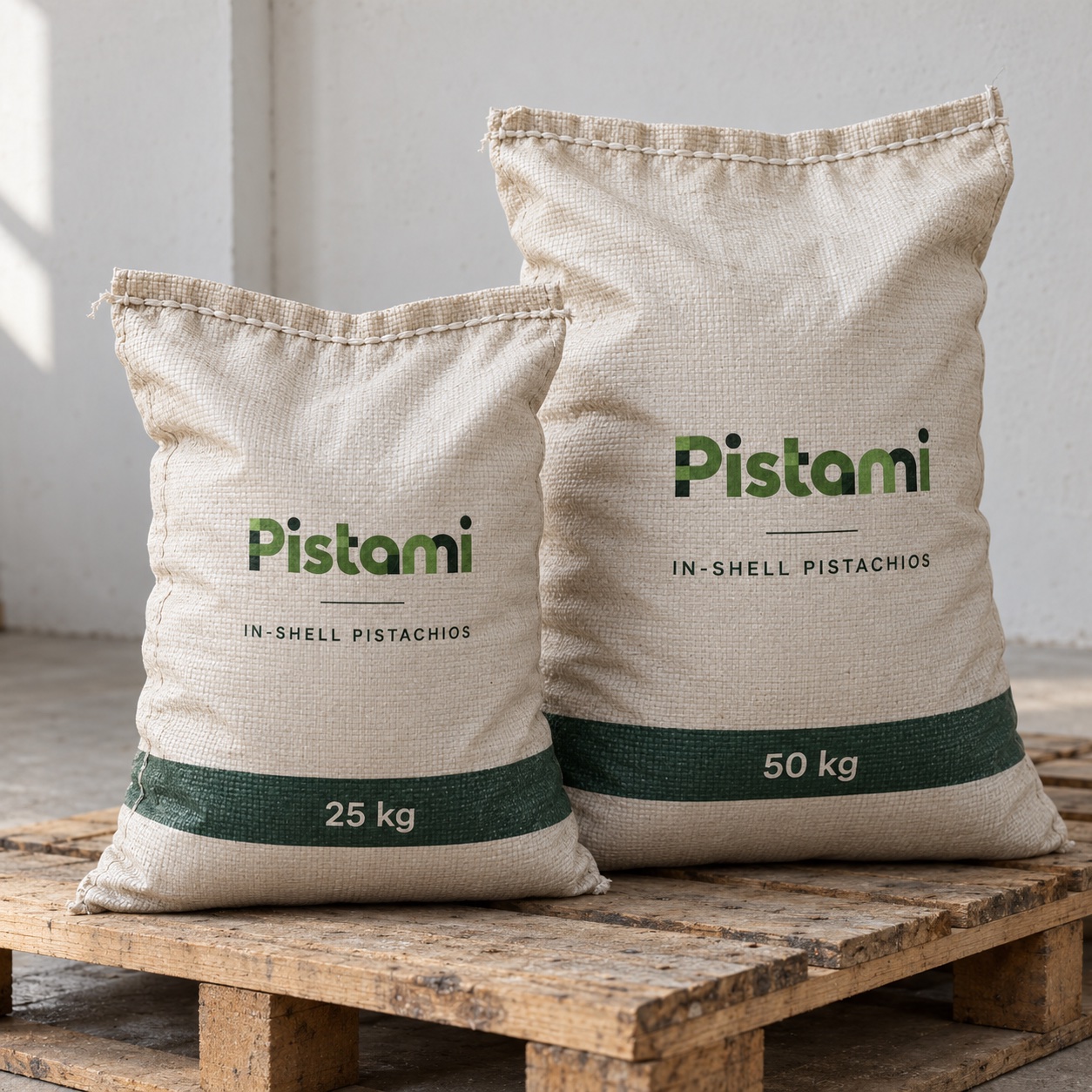 Pistami 25 and 50 kg sewn sacks on a wooden pallet.