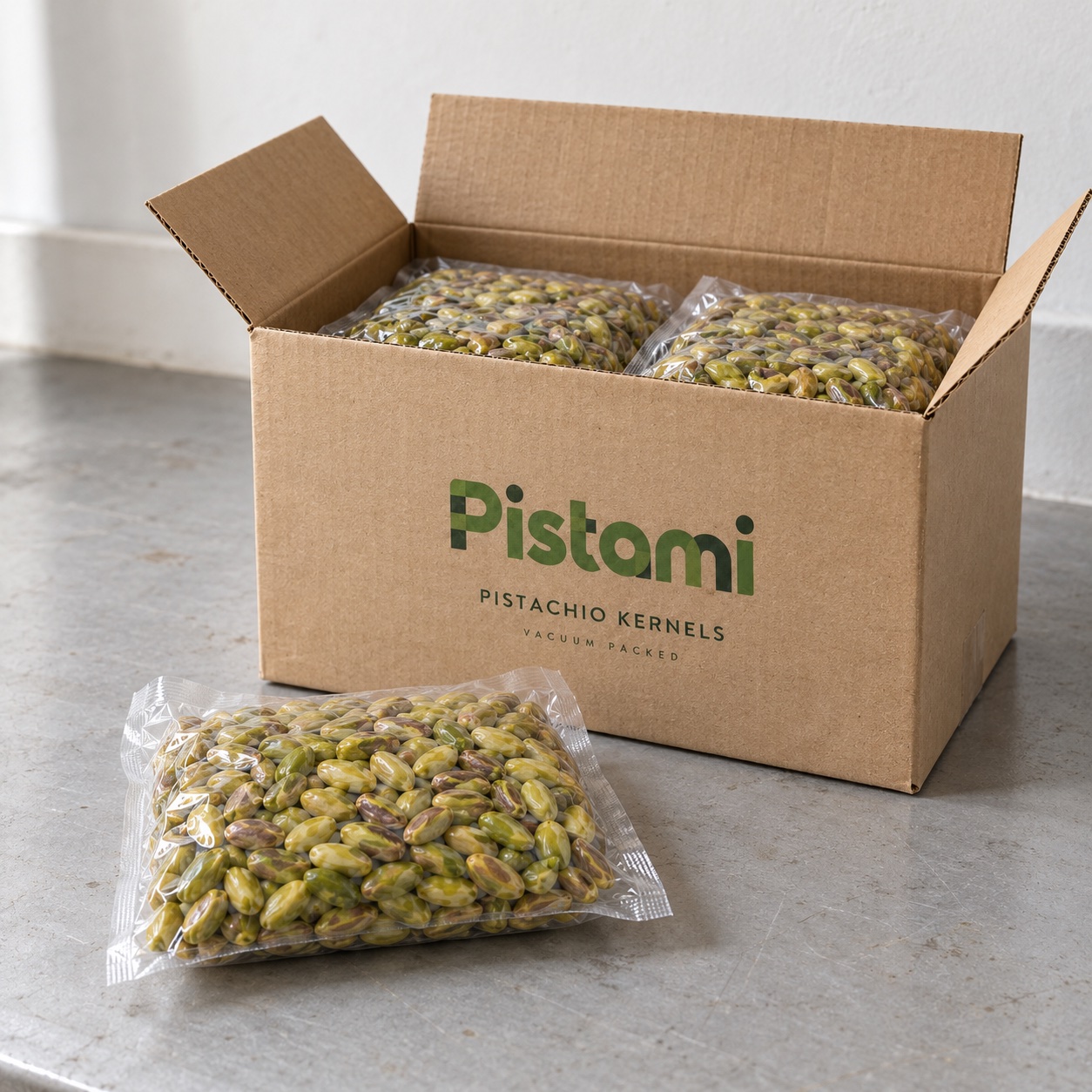 Vacuum-packed pistachio kernels inside a Pistami carton