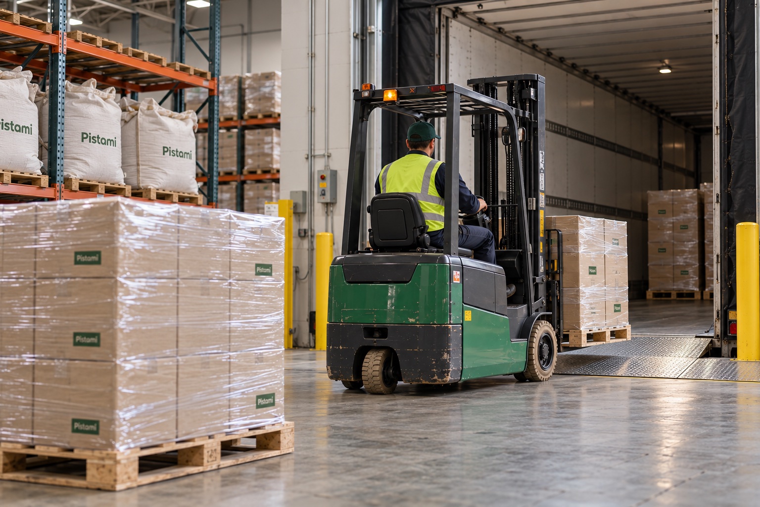 Palletised Pistami cartons, sealed sacks and a forklift at a truck loading bay